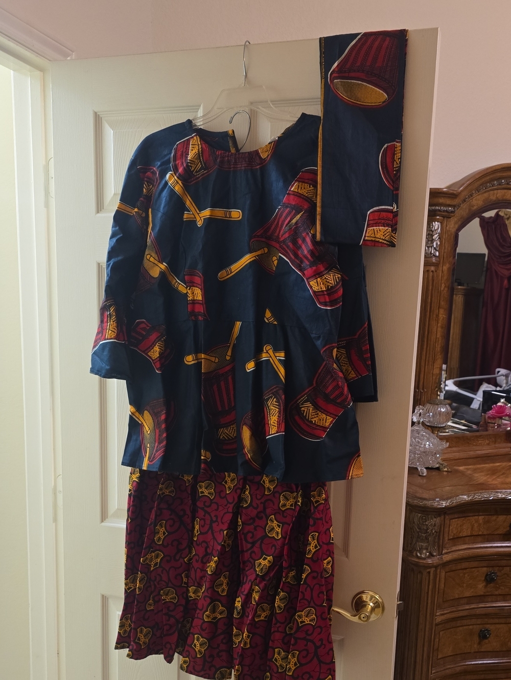 Women's Navy/Burgundy/Gold African- Printed Top and Skirt Set [3 Piece]